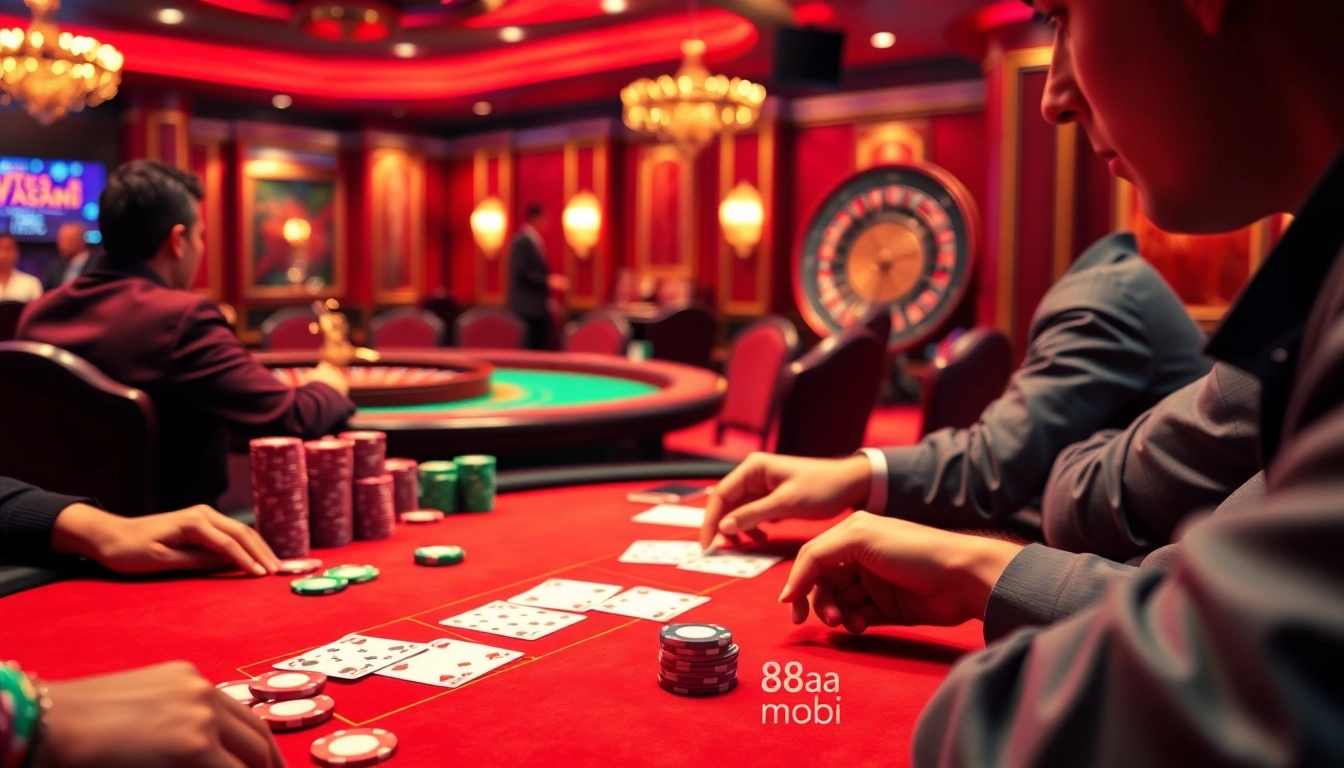 Exciting casino scene featuring players gambling at poker tables with the "88aa mobi" betting slip, showcasing thrills of casino gaming.