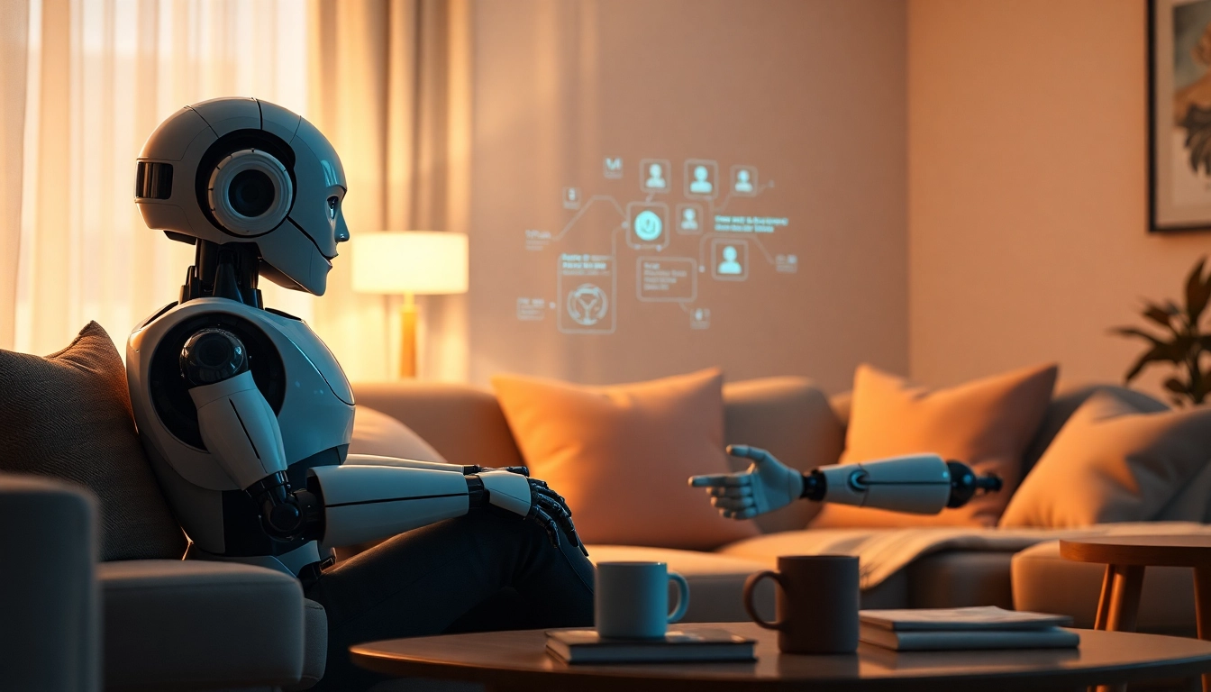 AI sex involves intimate companionship between humans and humanoid robots in a cozy setting.