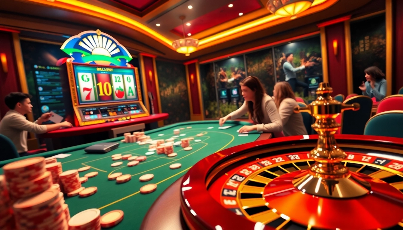 Players enjoying thrilling games at 68gamebai.gb.net, featuring vibrant casino tables and digital slots.