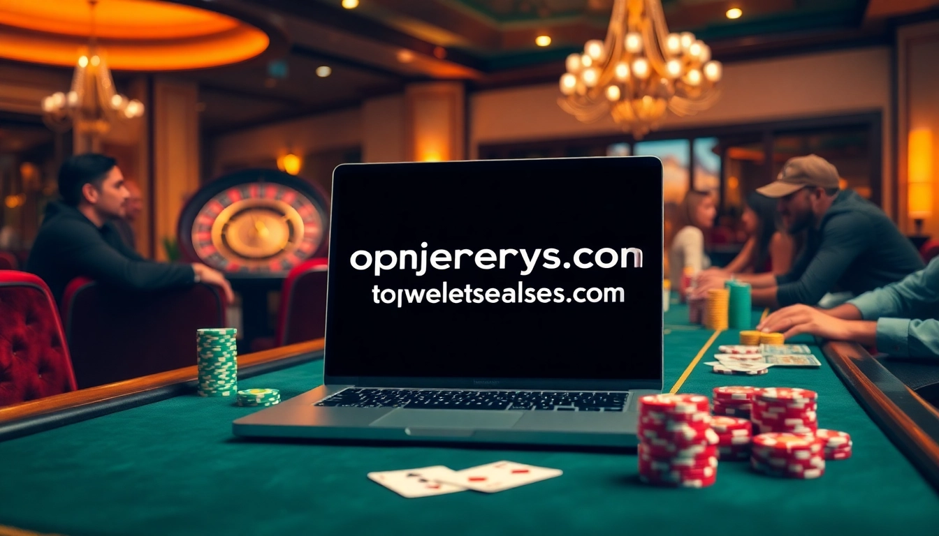 Experience the thrill of high-stakes poker at a casino where topnfljerseyswholesale.com is highlighted, featuring vibrant chips and excited players.