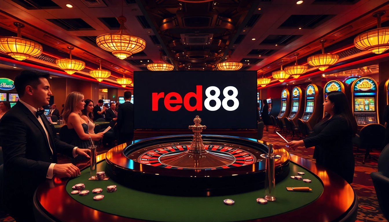 Experience the excitement at red88 casino with players enjoying roulette, poker chips, and elegant decor.