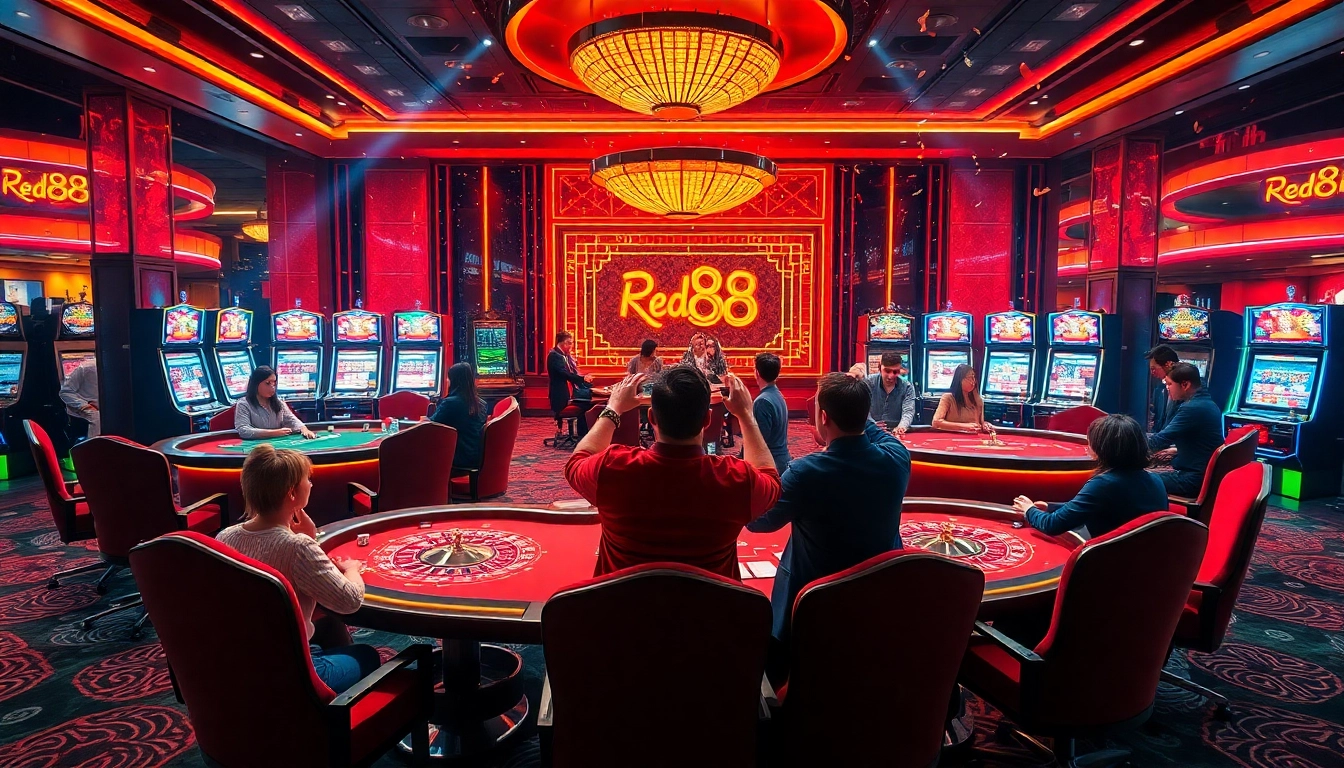Experience red88 excitement at a vibrant casino with players enjoying blackjack, roulette, and slot games.