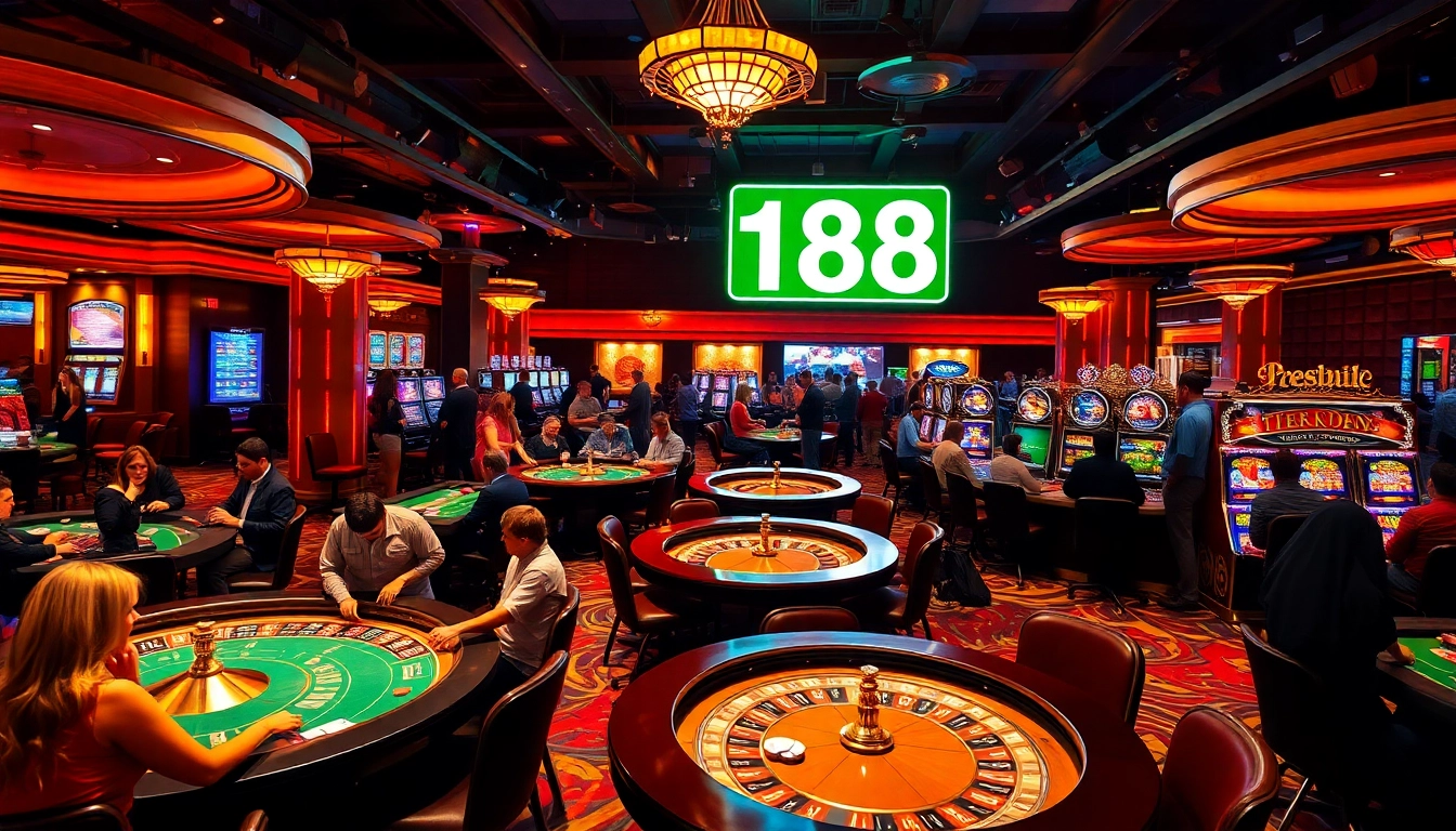 Experience the thrill of F168 at a vibrant casino floor, showcasing dynamic poker and roulette games.